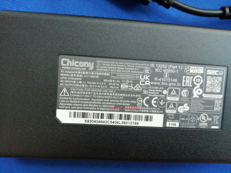 New Original OEM MSI Pulse GL66 11UGKV-001US A17-180P4B Chicony 180W 20V Adapter